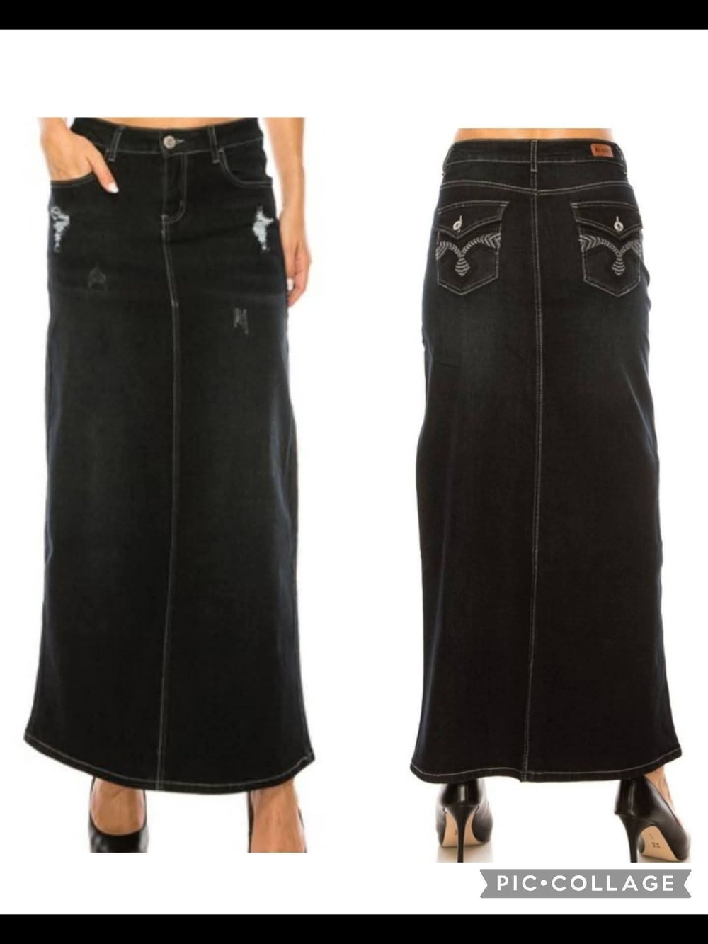 Black Denim Maxi Skirt with Embroidered Back Pockets